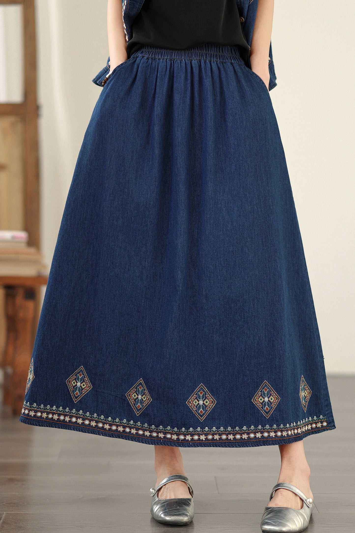 Women's Embroidered Elastic Waist Denim Jean Maxi Skirt Pocket - LAI MENG FIVE CATS