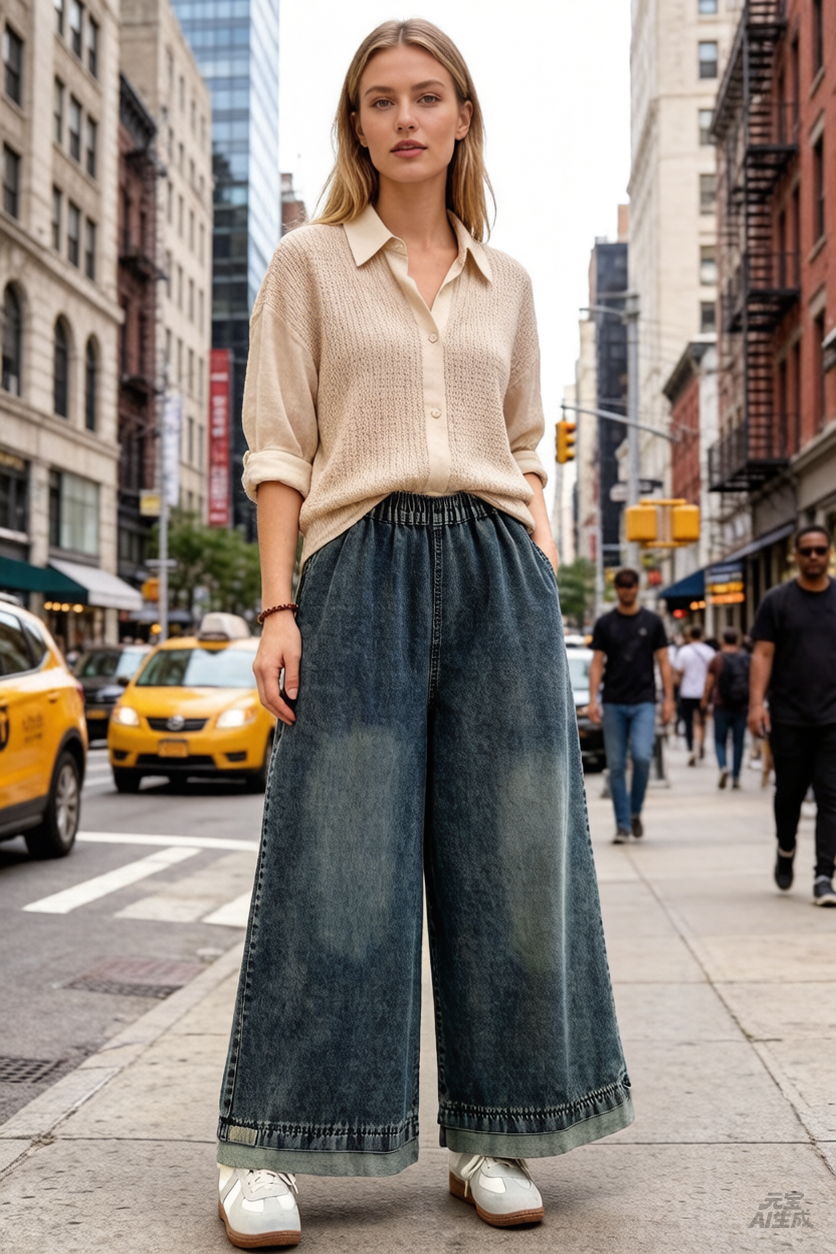 26-Women's Jeans Elastic Waist Baggy Wide Leg Denim - LAI MENG FIVE CATS