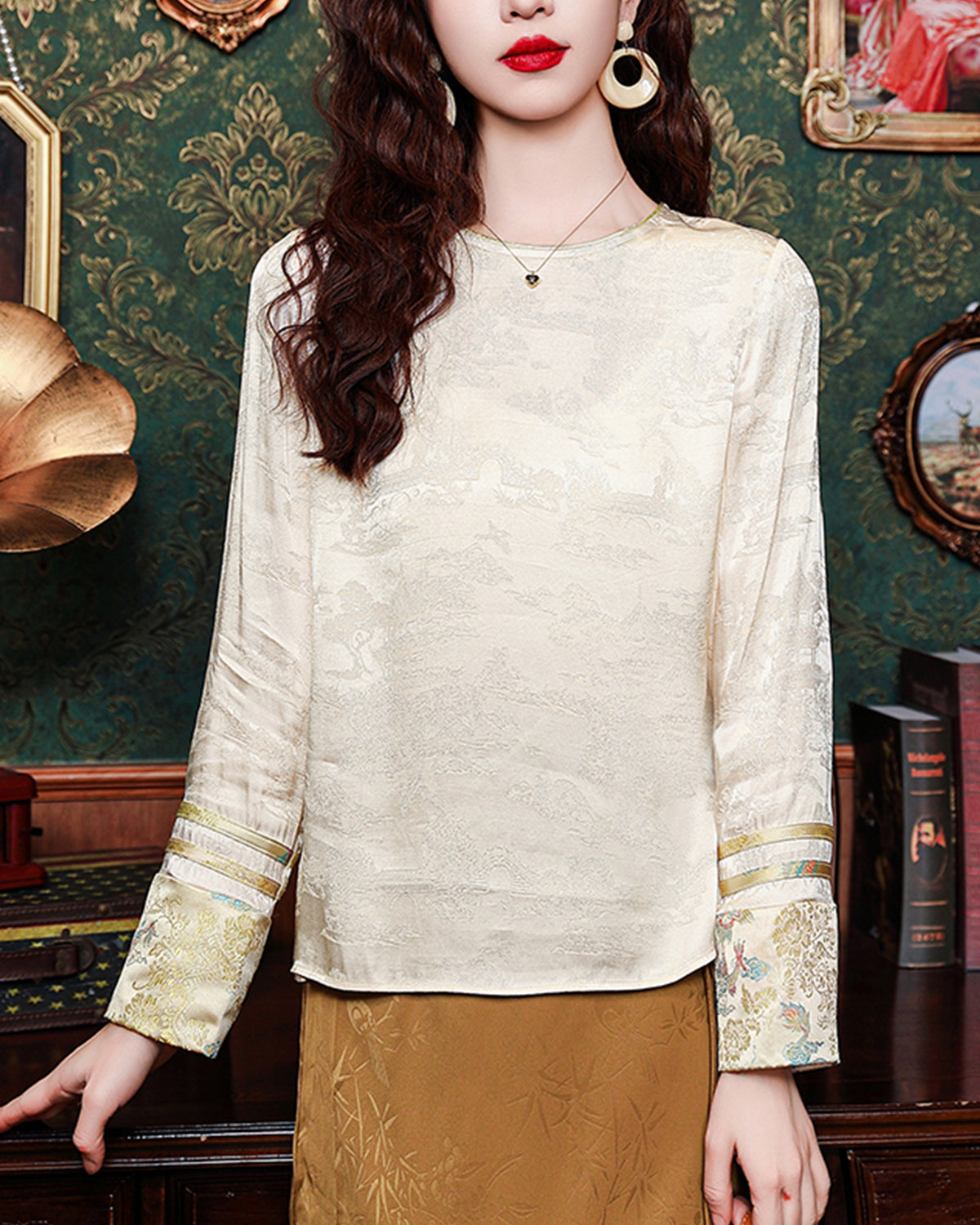 Elegant New Chinese Round Neck Satin Blouse with Embroidered Cuffs