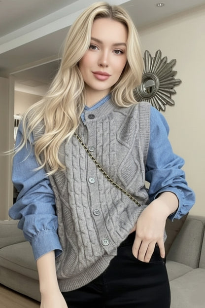 Women's Sweater 2 in 1 Denim Color Block Cable Knit top