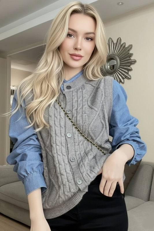 Women's Sweater 2 in 1 Denim Color Block Cable Knit top