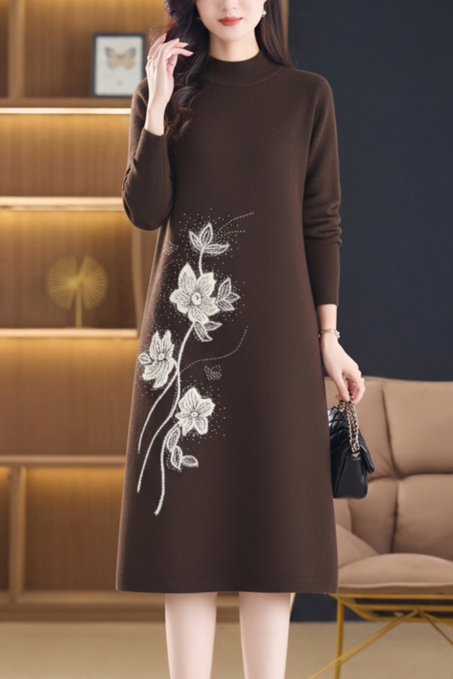 Women's Long Sleeve Sweater Knit Tunic Midi Dress