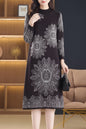 Women's Long Sleeve Print Ribbed Knitted Sweater Dress