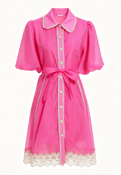 Hot Pink Organza Button Up Mini Dress