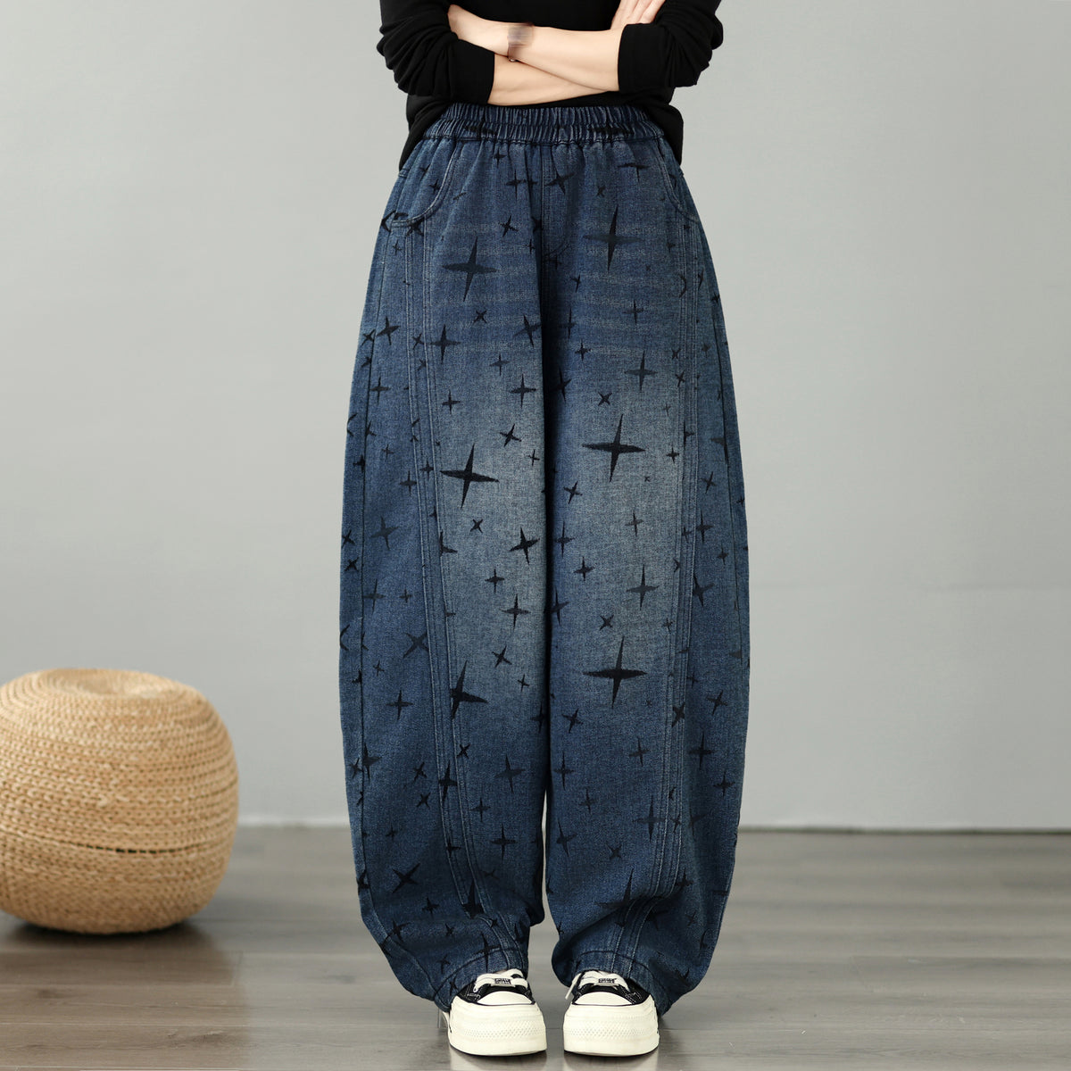 28676-Vintage Star Print Denim Wide Leg Pants with Drawstring Waist