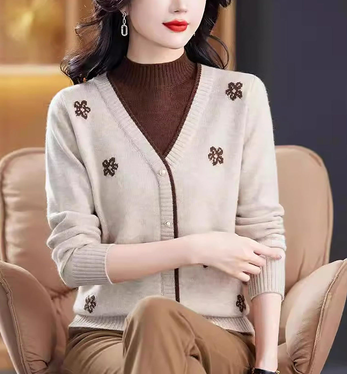 Floral Embroidered V-Neck Knit Sweater Pullover Top Fall Layered