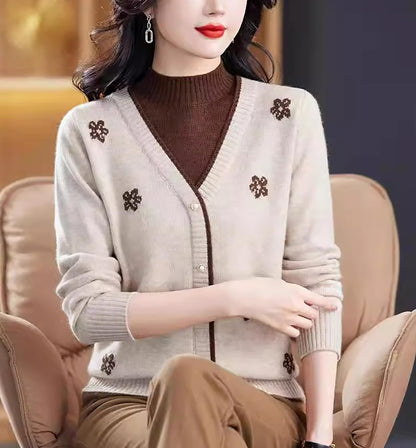 Floral Embroidered V-Neck Knit Sweater Pullover Top Fall Layered