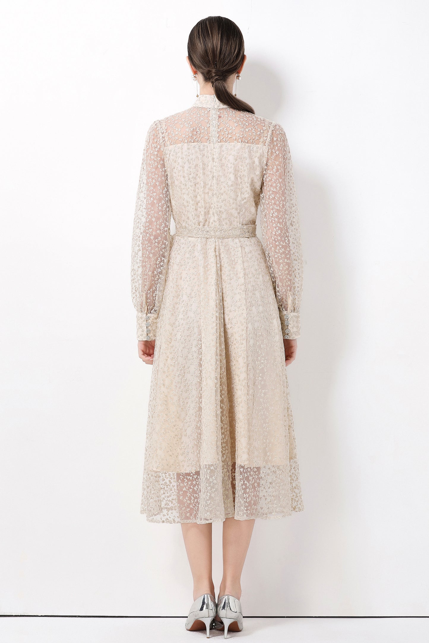 Women's Lace Lantern Sleeve Button Midi Dress