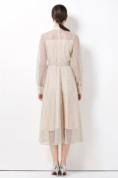 Women's Lace Lantern Sleeve Button Midi Dress