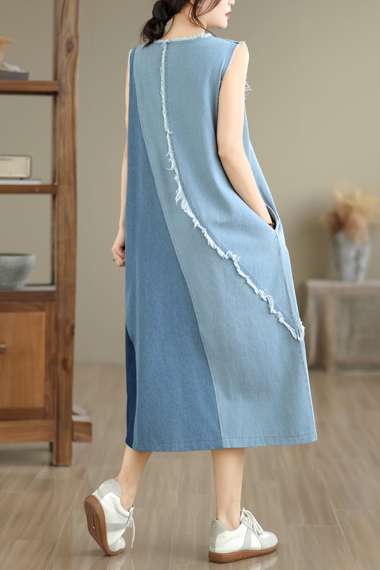 Women's Casual Sleeveless Denim Midi Dress Loose with Pockets