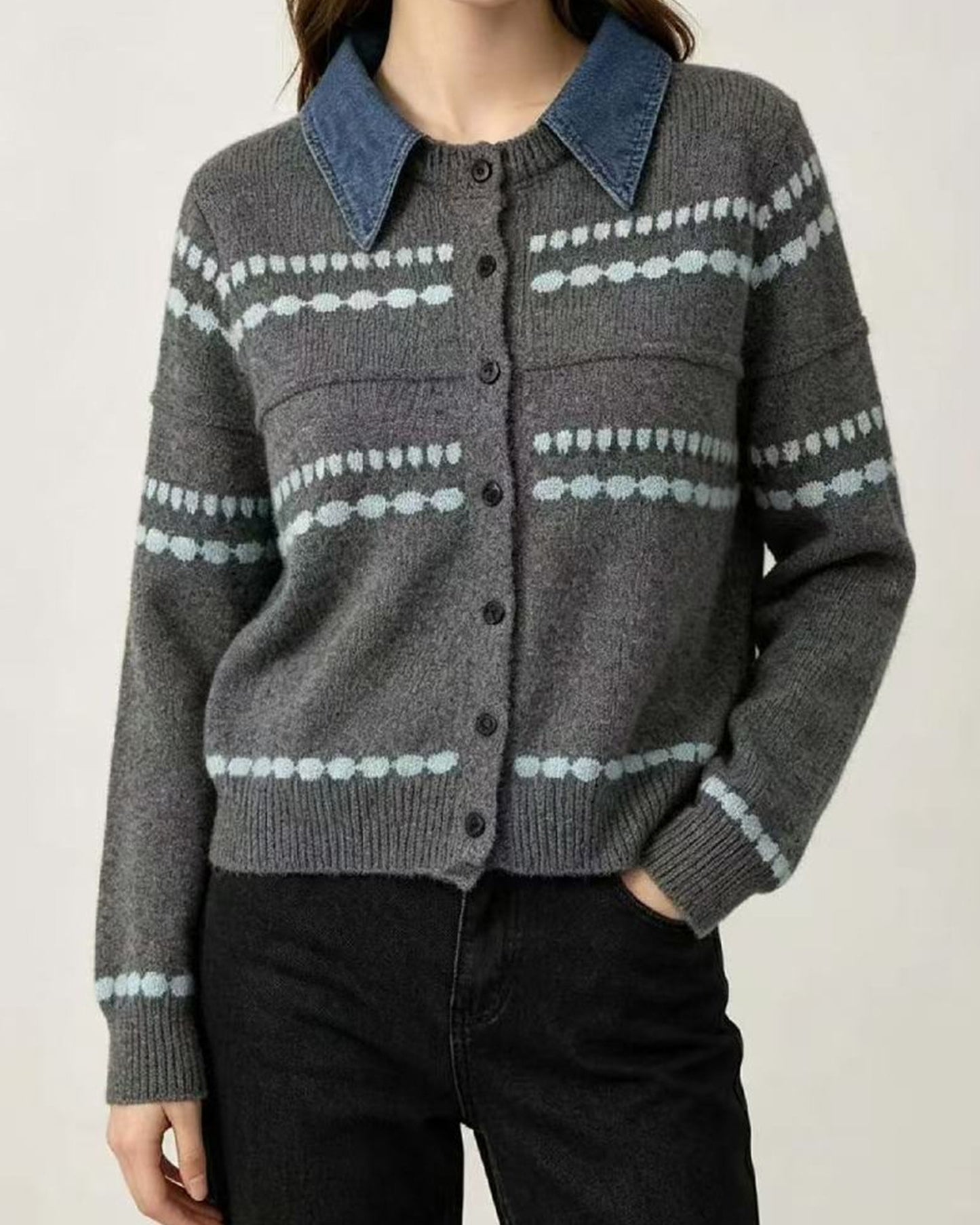 Denim Collar Striped Knit Cardigan Long Sleeve Casual Sweater