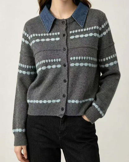 Denim Collar Striped Knit Cardigan Long Sleeve Casual Sweater