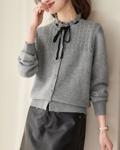 Ribbon Tie Knit Cardigan Long Sleeve Elegant Sweater Tops