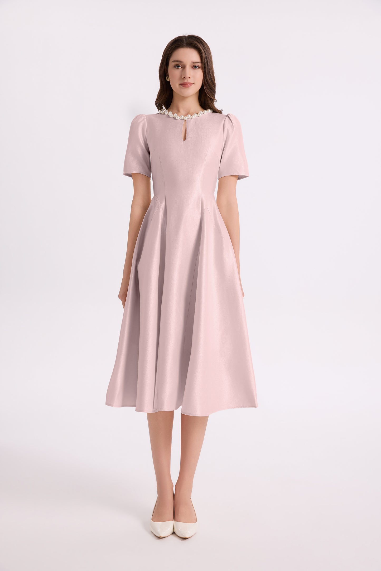 Elegant Pearl-Trim A-Line Midi Dress - LAI MENG FIVE CATS