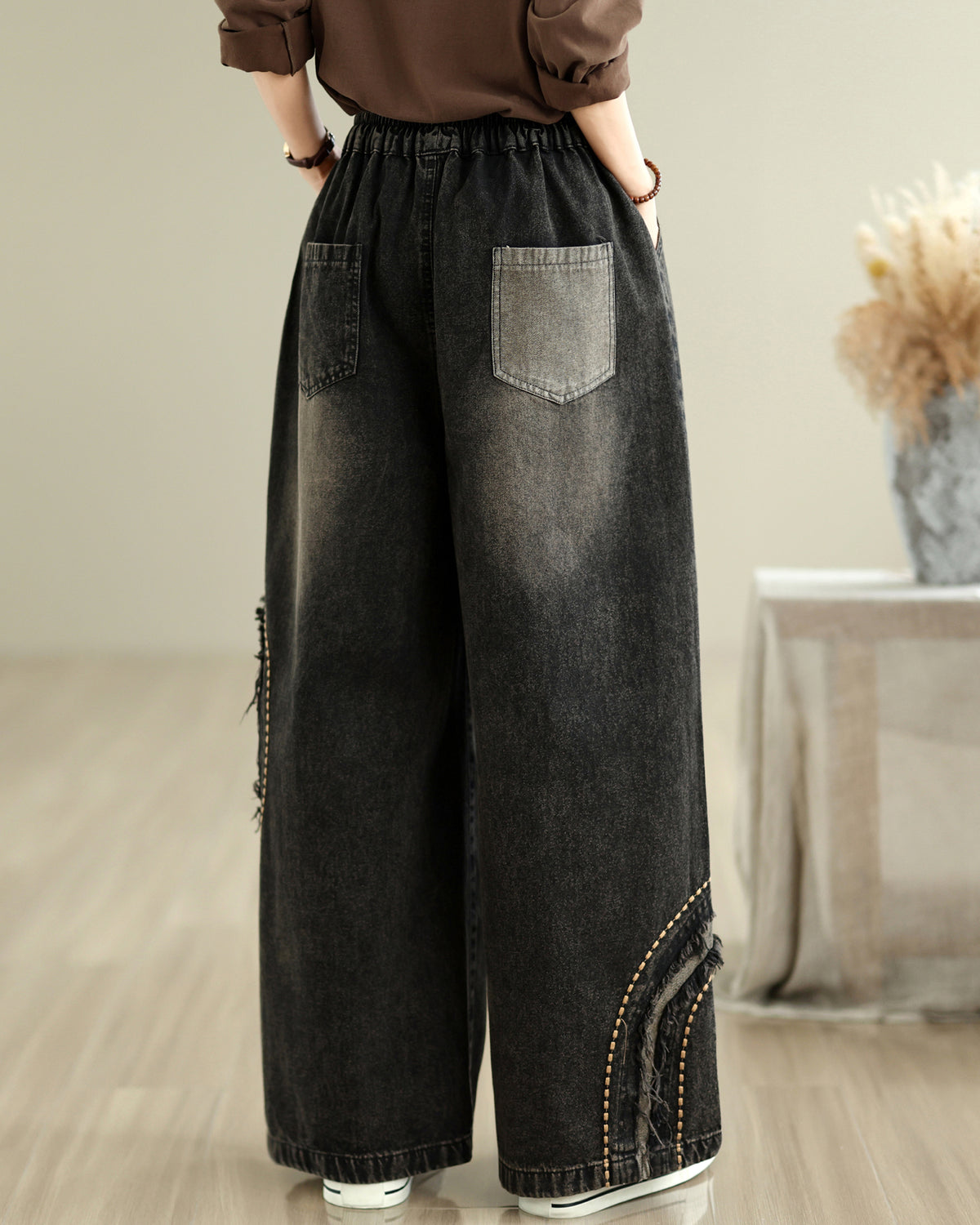 28670-Vintage Black Denim Wide-Leg Pants with Distressed Patch & Drawstring Waist