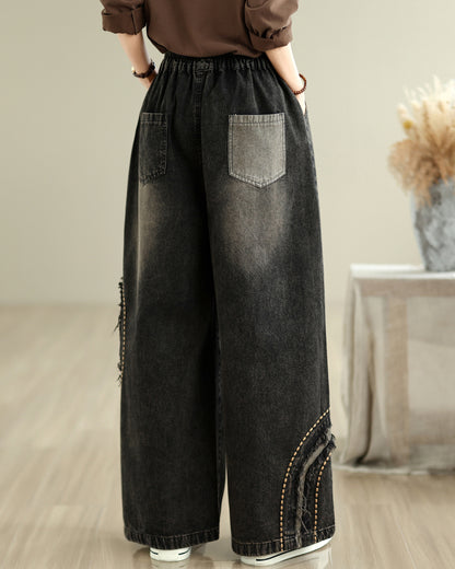 28670-Vintage Black Denim Wide-Leg Pants with Distressed Patch & Drawstring Waist