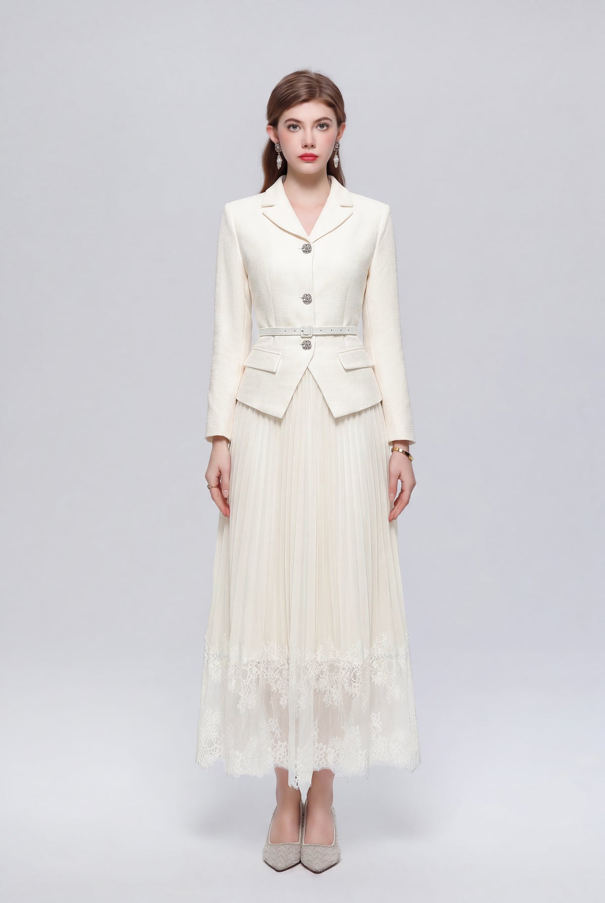 Elegant Two-Piece Pleated Skirt Suit Set for Women | Pink, Black & Beige