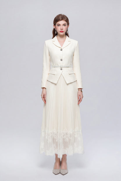 Elegant Two-Piece Pleated Skirt Suit Set for Women | Pink, Black & Beige