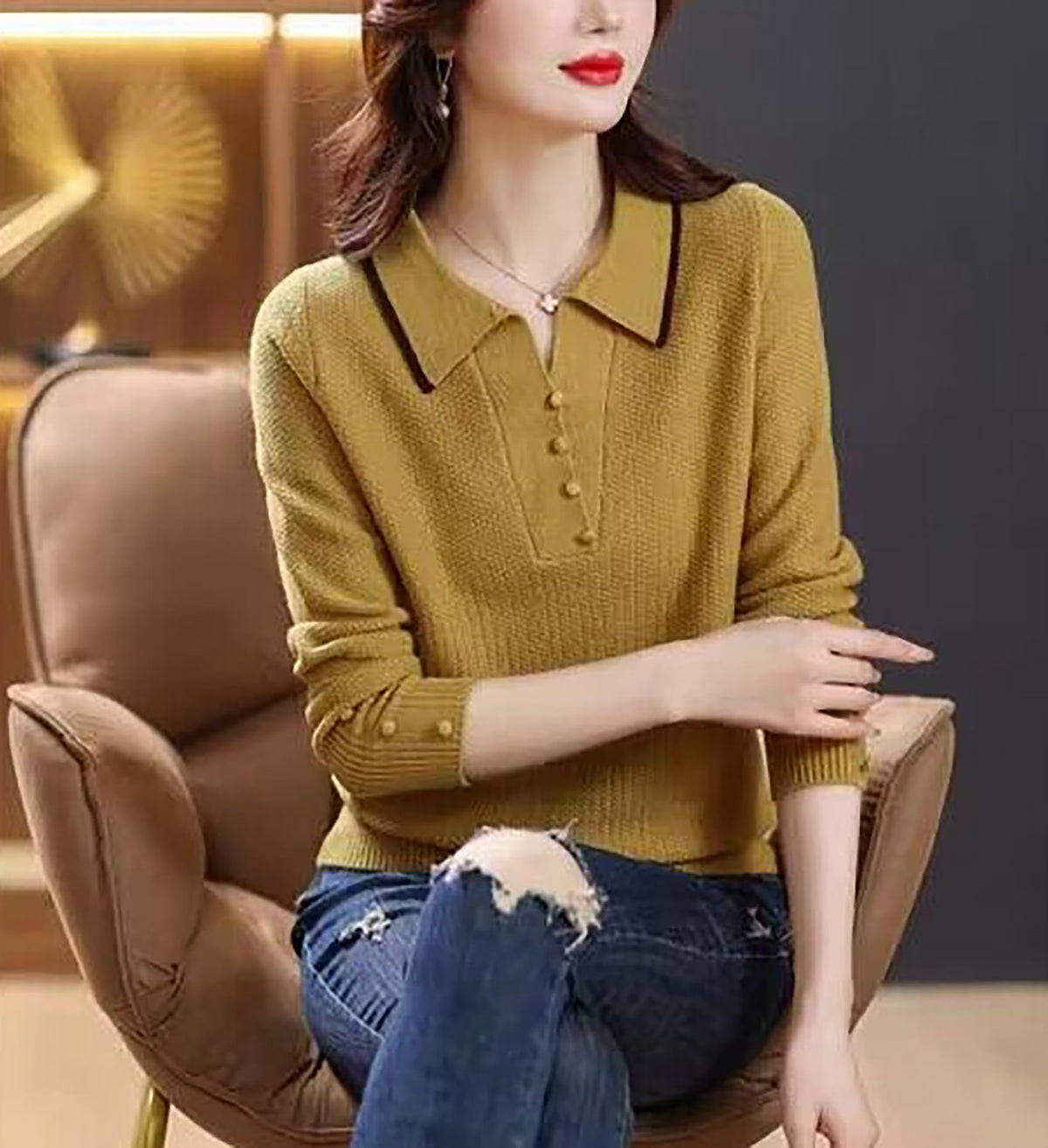 Fine-Knit Polo Top with Contrast Collar & Layered Look Sweater