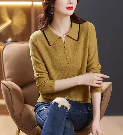 Fine-Knit Polo Top with Contrast Collar & Layered Look Sweater