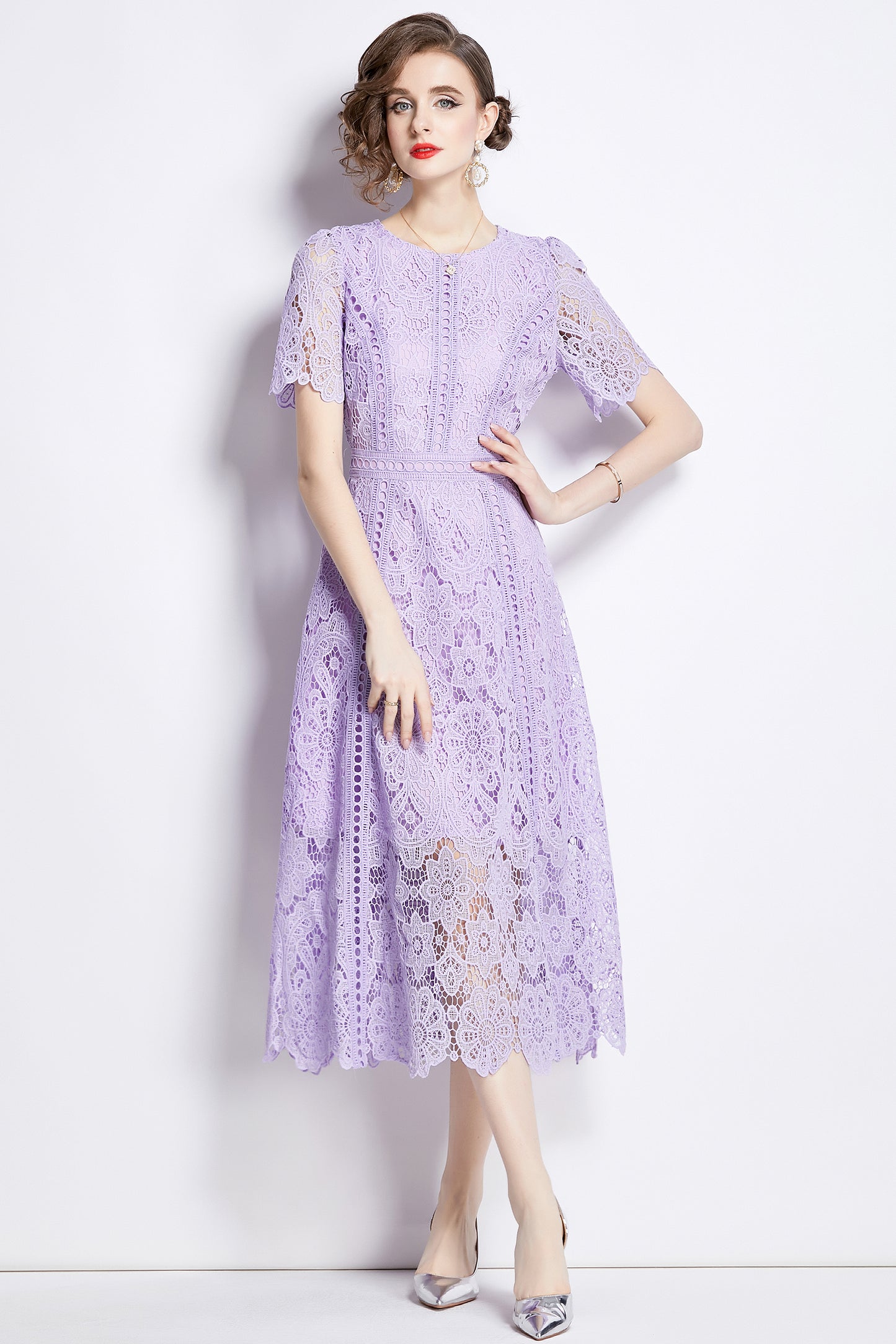 Women's Flowy Floral Lace Short Sleeve Round Neck Evening Dress