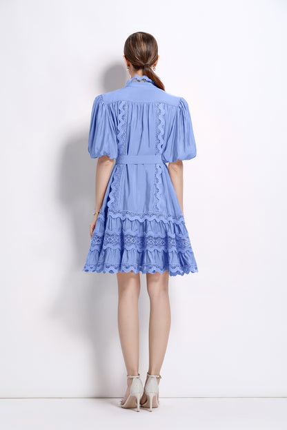 Women’s Blue Lace Trim Mini Dress – Romantic European Summer Resort Style