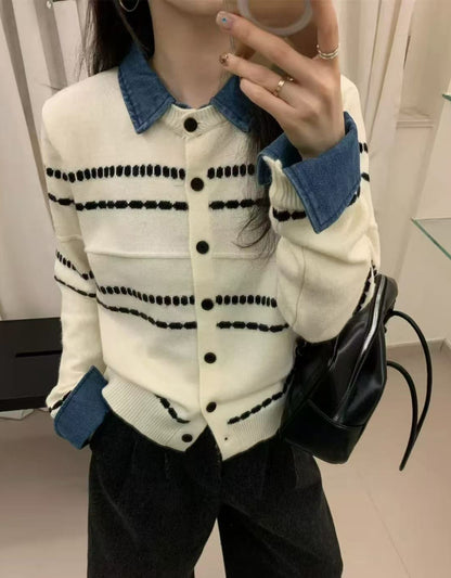 Denim Collar Striped Knit Cardigan Long Sleeve Casual Sweater