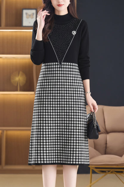 Women's Plaid Mock Neck Knit Sweater Dress