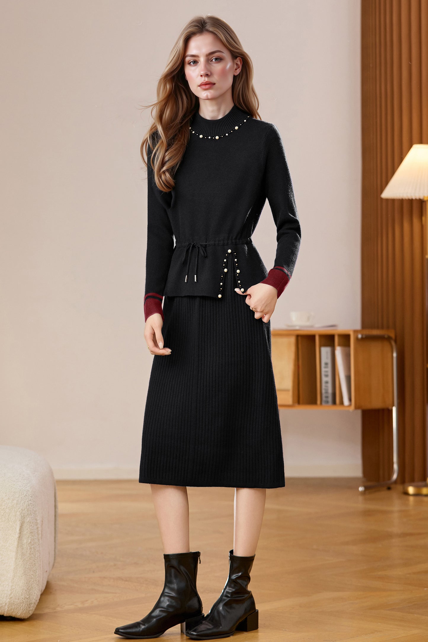 Women's Mock Neck Wool Sweater Drawstring Waist Dress