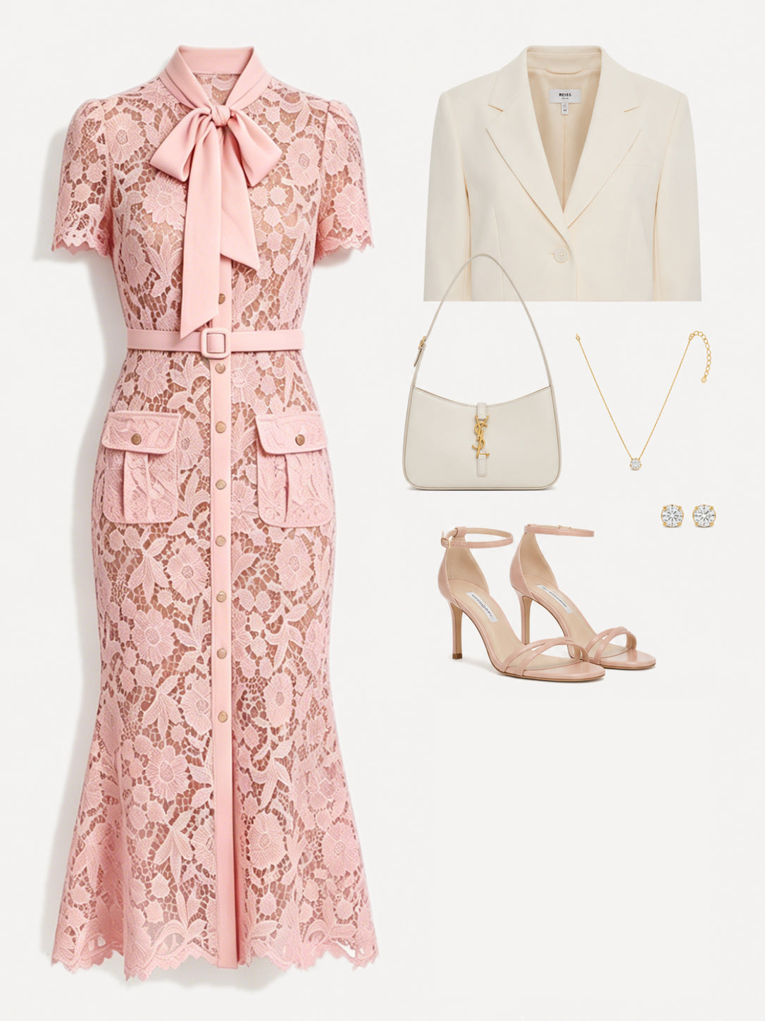 Blush Pink Lace Midi Dress With Pockets