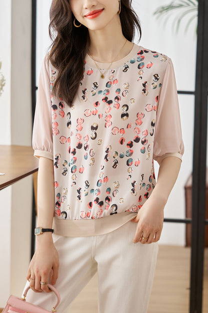 Pink Casual Patchwork Shirt Floral Print Tops
