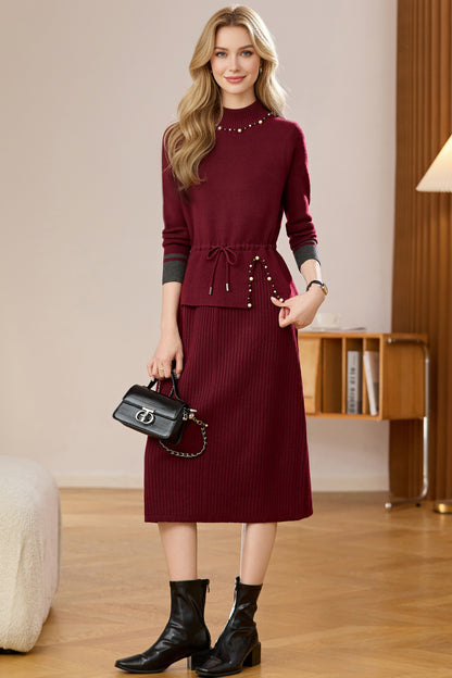 Women's Mock Neck Wool Sweater Drawstring Waist Dress