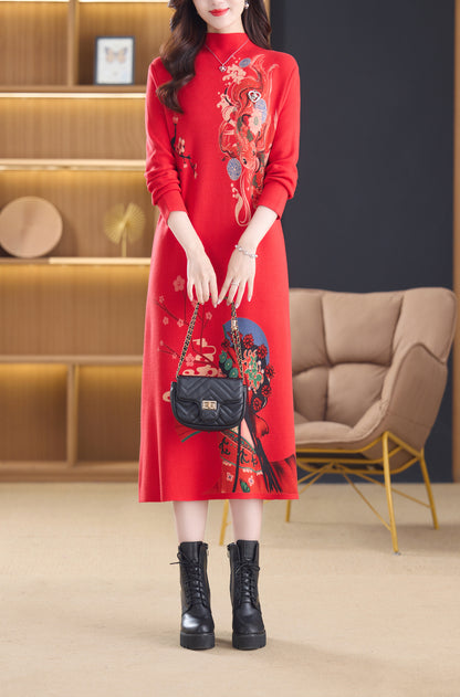Women's Turtleneck Sweater Long Sleeve Red Dress