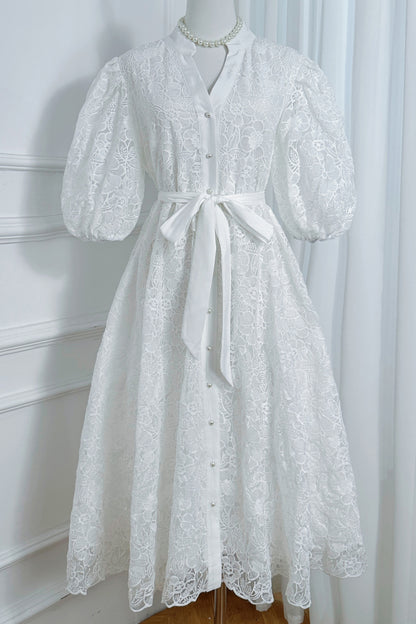 Women's Lace Embroidery Puff Sleeve Midi Dress