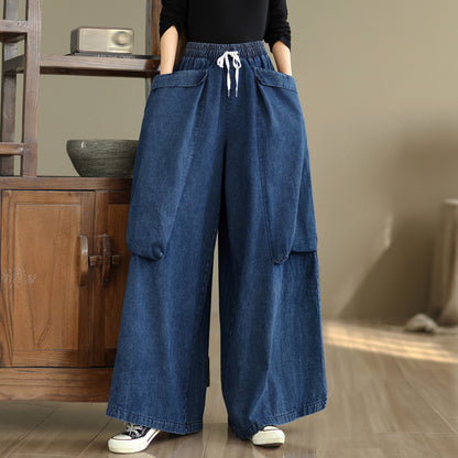 Women's Oversized Denim Wide Leg Pants Drawstring with Large Pockets