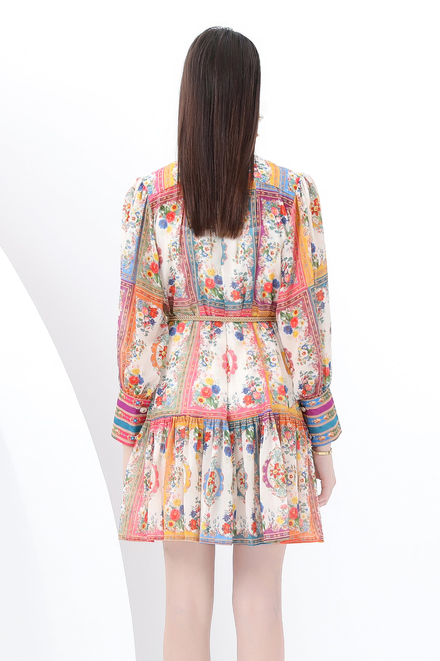 Women's Chiffon Floral Print Lantern Sleeve Mini Dress