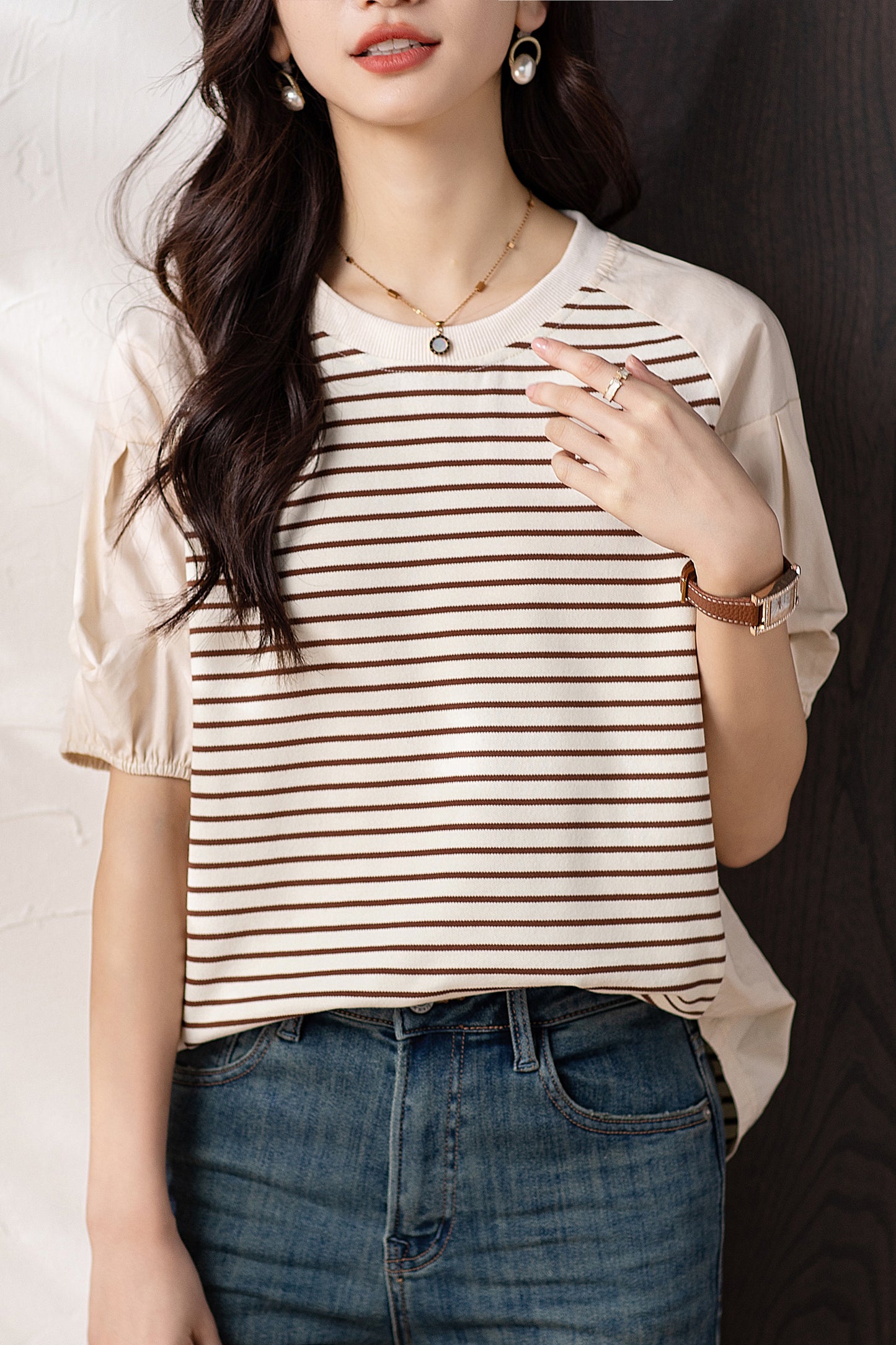 Women's Stripe Short Sleeve Patchwork Blouse