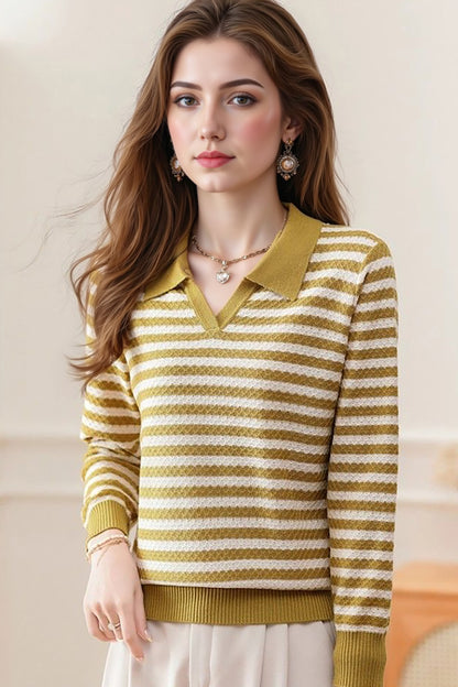 Women's Striped Sweater Lapel Ribbed Pullover Knit
