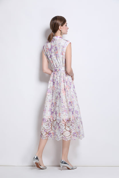 Women's Hollow Lace Print Sleeveless Midi Dress
