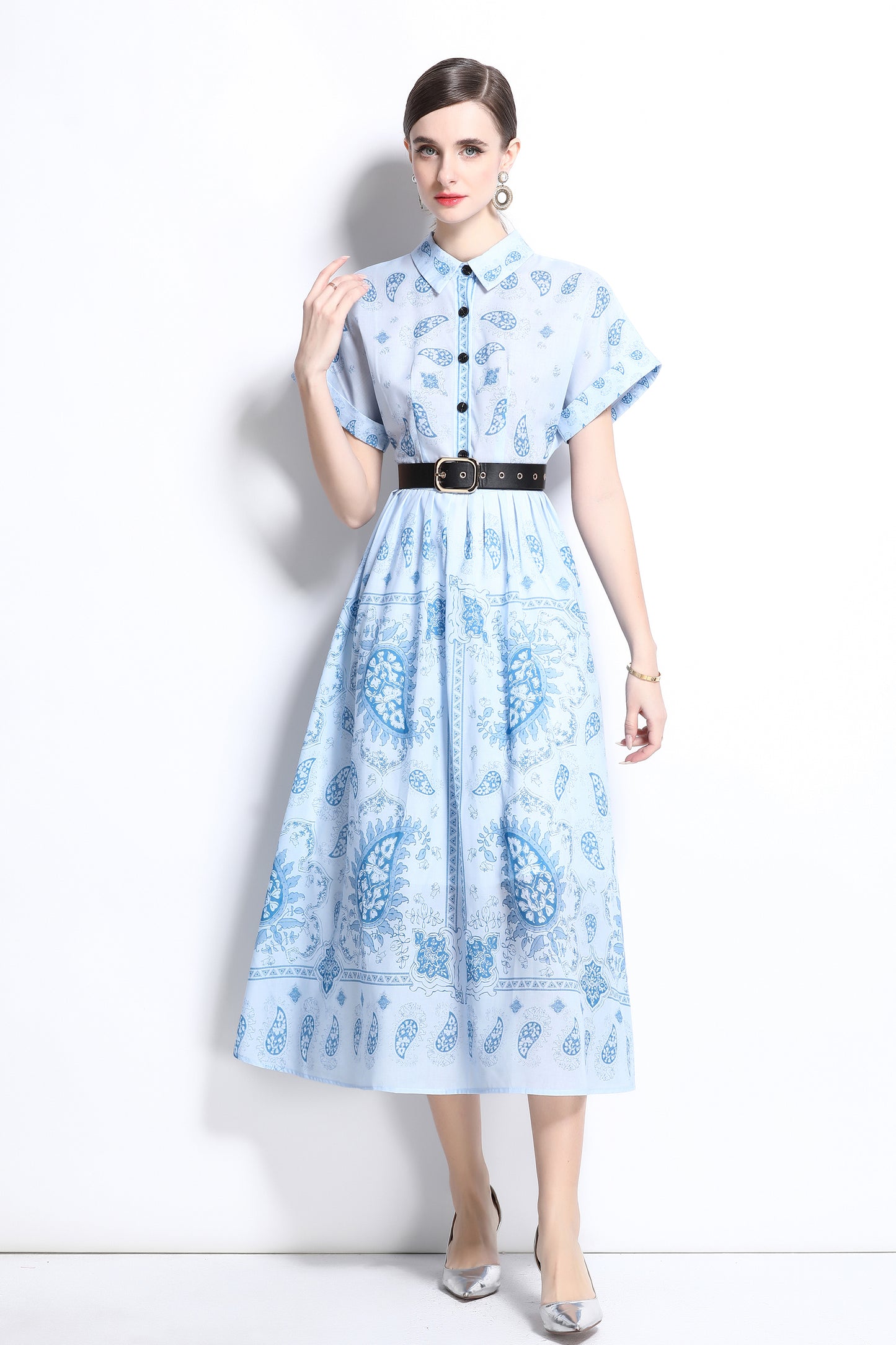 Women's Printed Collar Neck Short Sleeve MIDI Dress