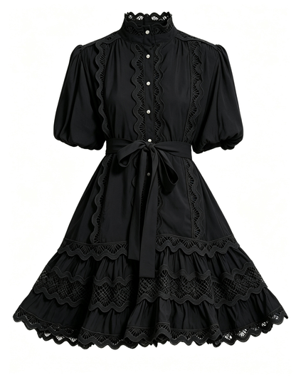 Black Lace Trim Mini Dress for Women – Elegant Romantic Summer Outfit - LAI MENG FIVE CATS