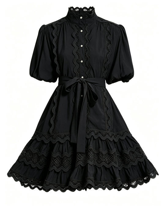 Black Lace Trim Mini Dress for Women – Elegant Romantic Summer Outfit - LAI MENG FIVE CATS
