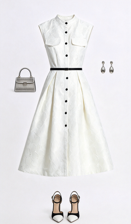 White Jacquard Midi Dress for Elegant Summer Evenings - LAI MENG FIVE CATS