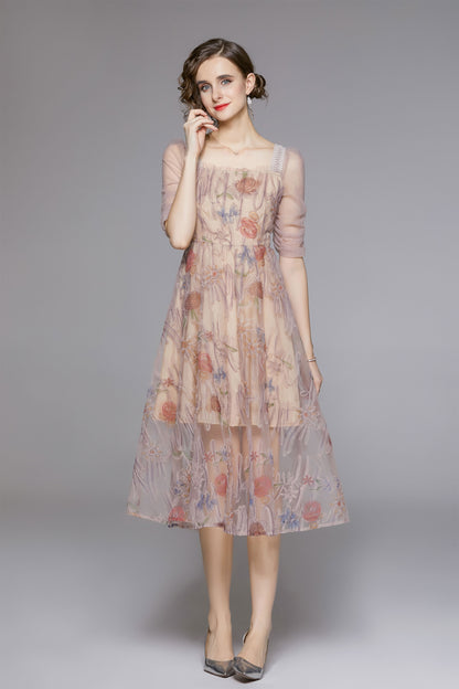 Retro Casual Elegant Mesh Embroidered Midi Dress