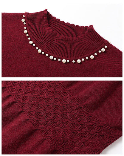 28711 Mock Neck Knit Dress With Pearl Slit Detail - LAI MENG FIVE CATS
