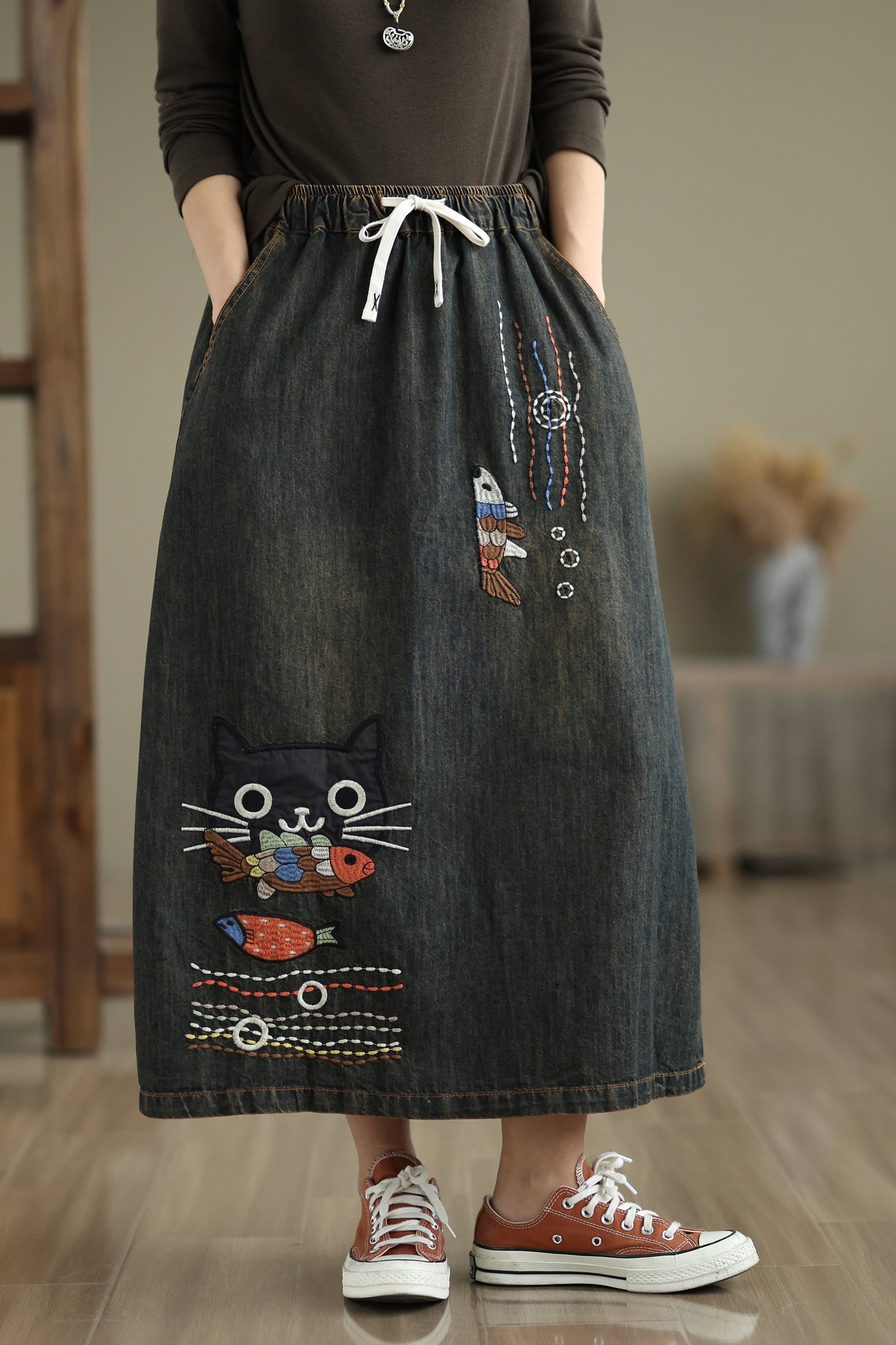 Women's Denim Drawstring Waist Pockets Jean Skirt