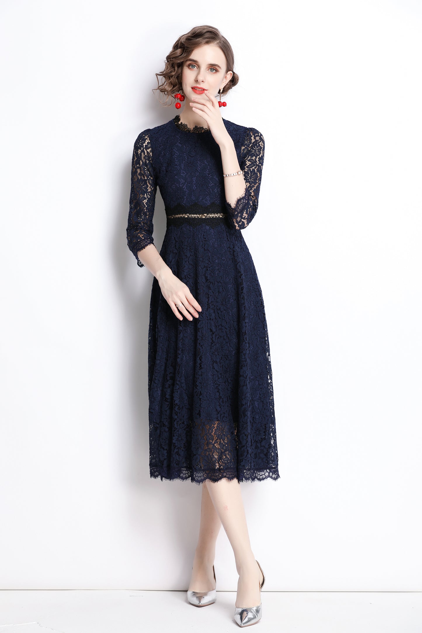 SSY-Women's 3/4 Sleeve Floral Lace Cocktail Midi Dress