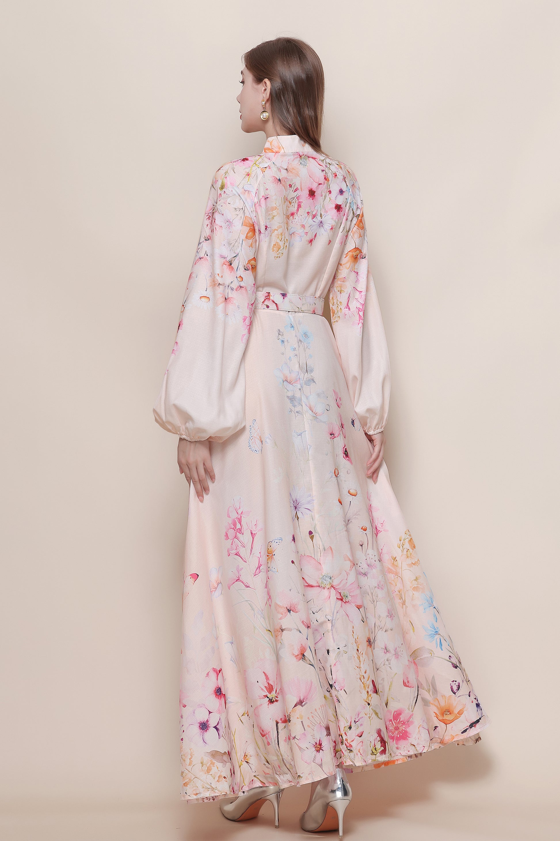 26-Women's Floral Print Puff Sleeve Button Maxi Dress - LAI MENG FIVE CATS