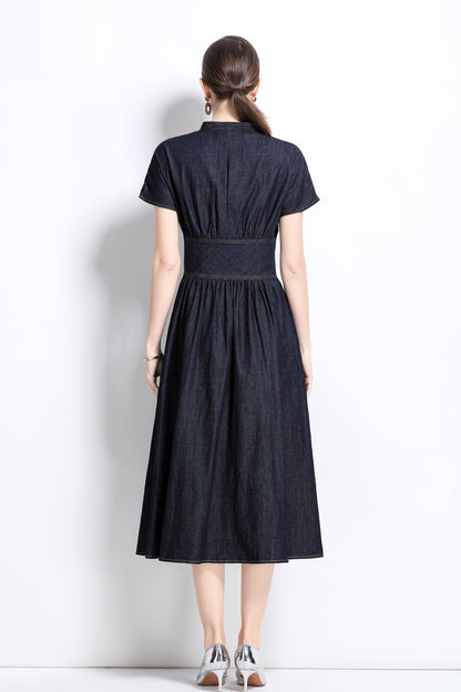 Women's Retro Denim V-neck MidI Dress