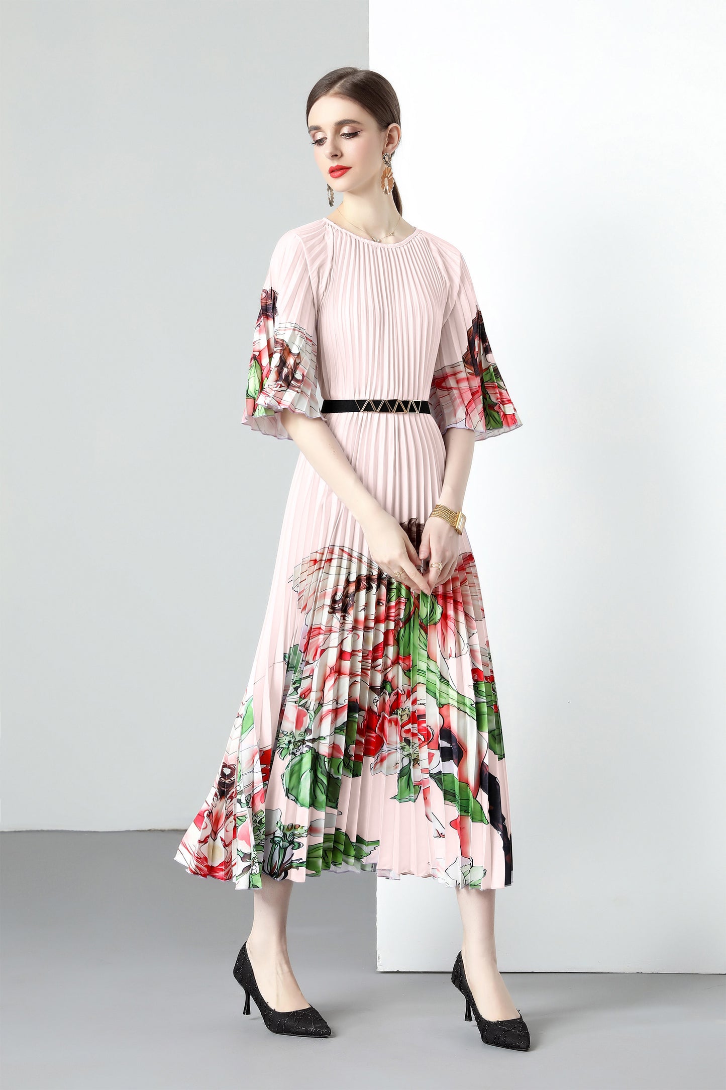 Pink Elegant Pleated Round Neck 1/2 Sleeves Print Casual Maxi Dress